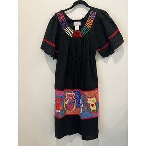 Vintage Allison Rhea Dress Womens Small Colorful Tiered Artsy Embroidered Cats